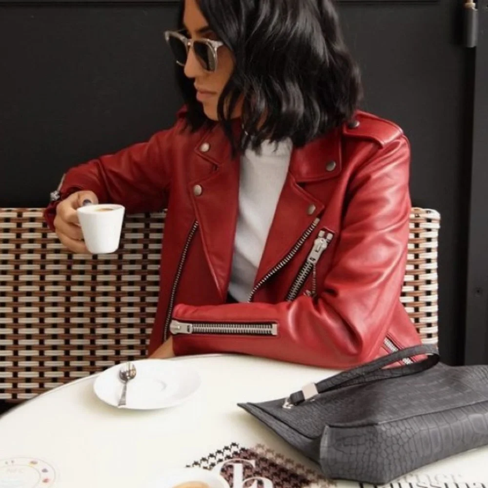 faux leather women jacket zip blazer coat
